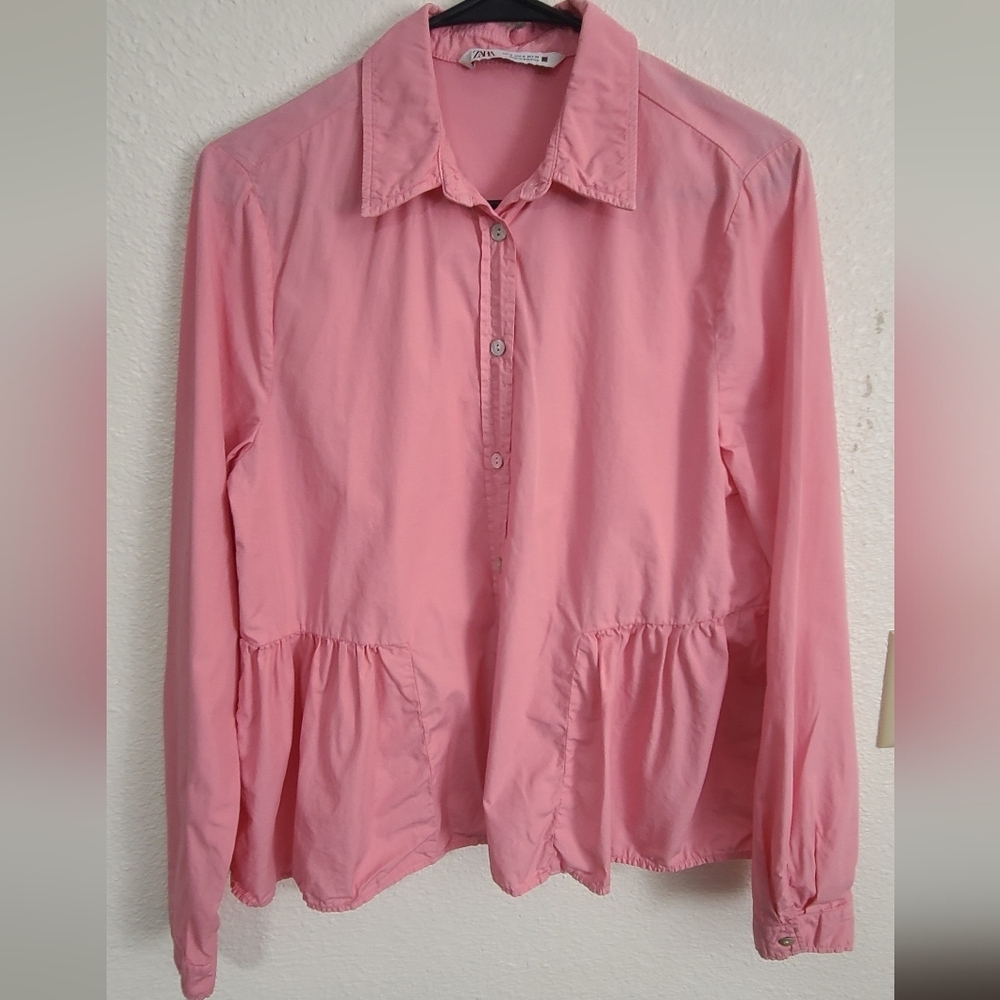 Zara Pink Button-Front Peplum Blouse